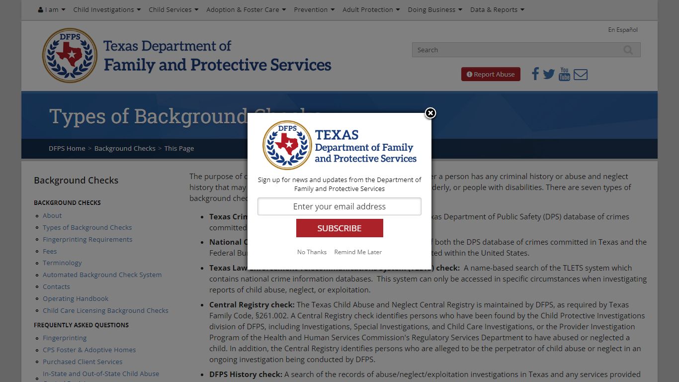 DFPS: Types of Background Checks - Texas